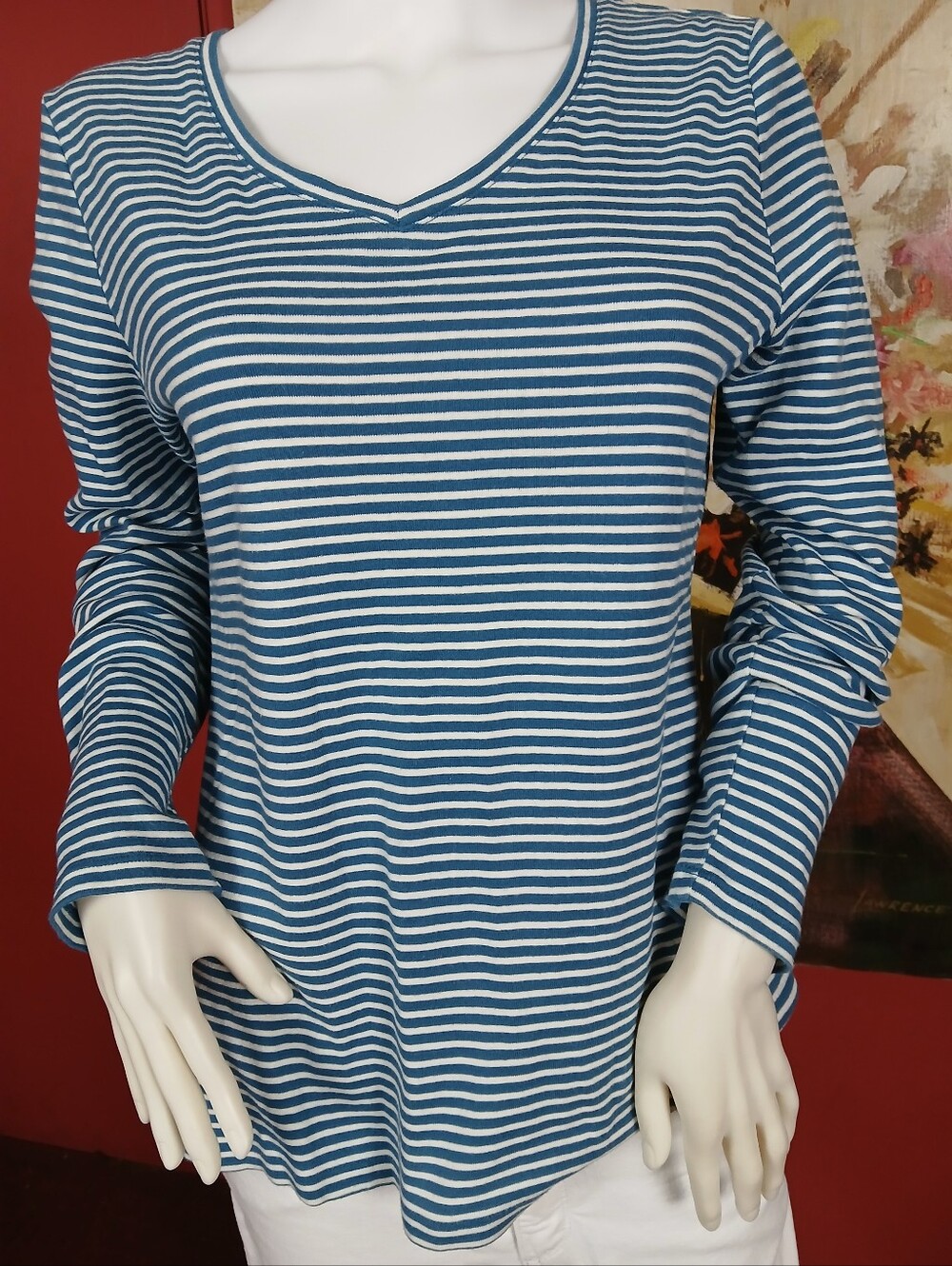 Talbots Blue and White Striped V-Neck Long Sleeve Shirt